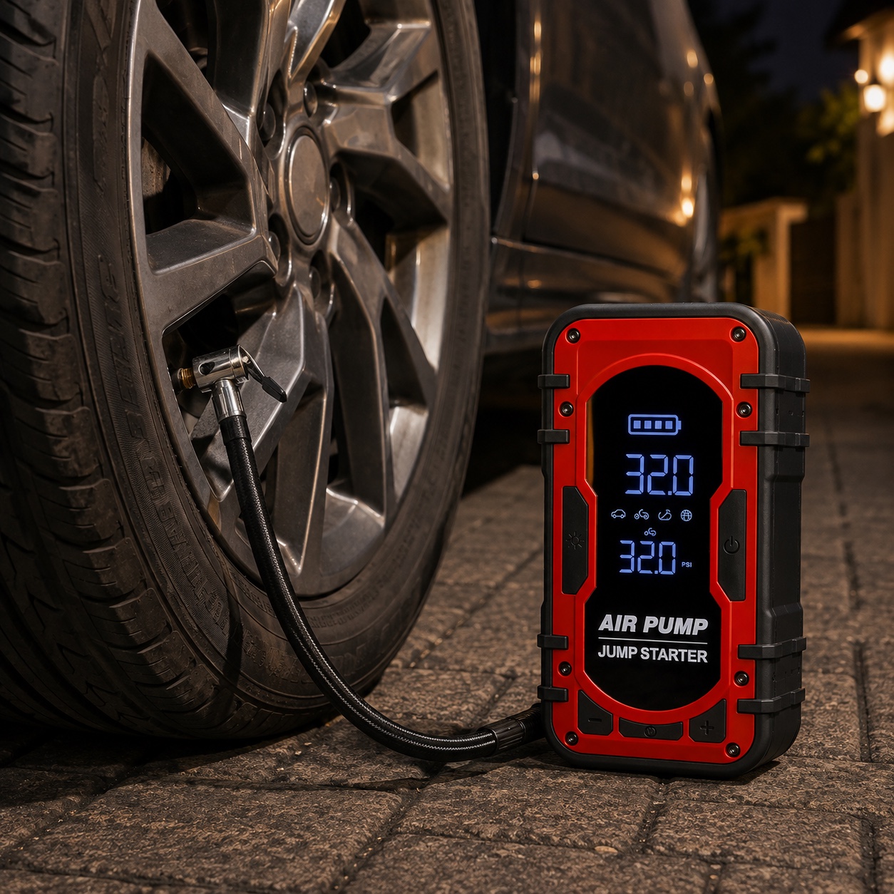 Red / Black RoadGuard inflating a car tyre