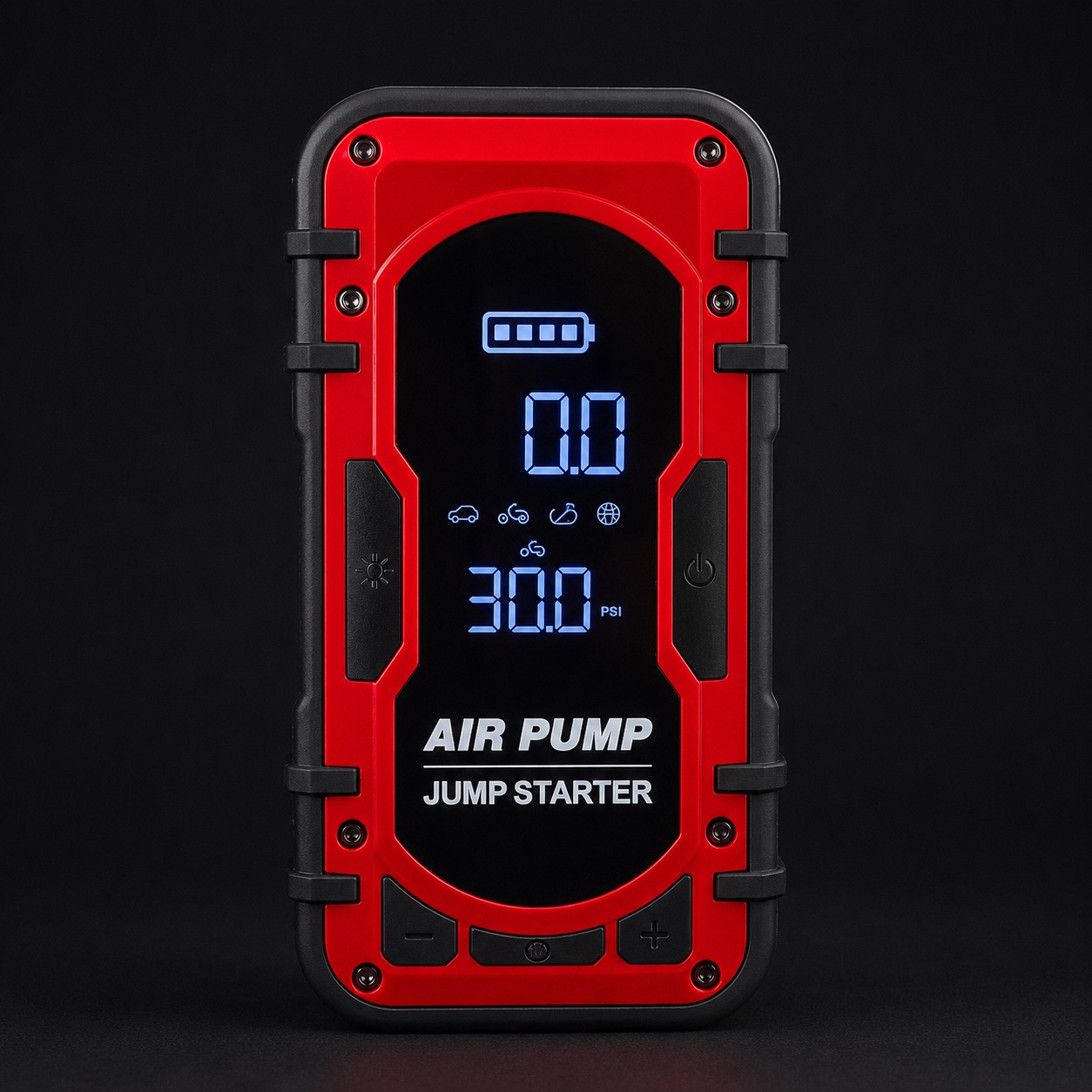 Front view of the Red / Black RoadGuard 2-in-1 car jump starter and tyre inflator