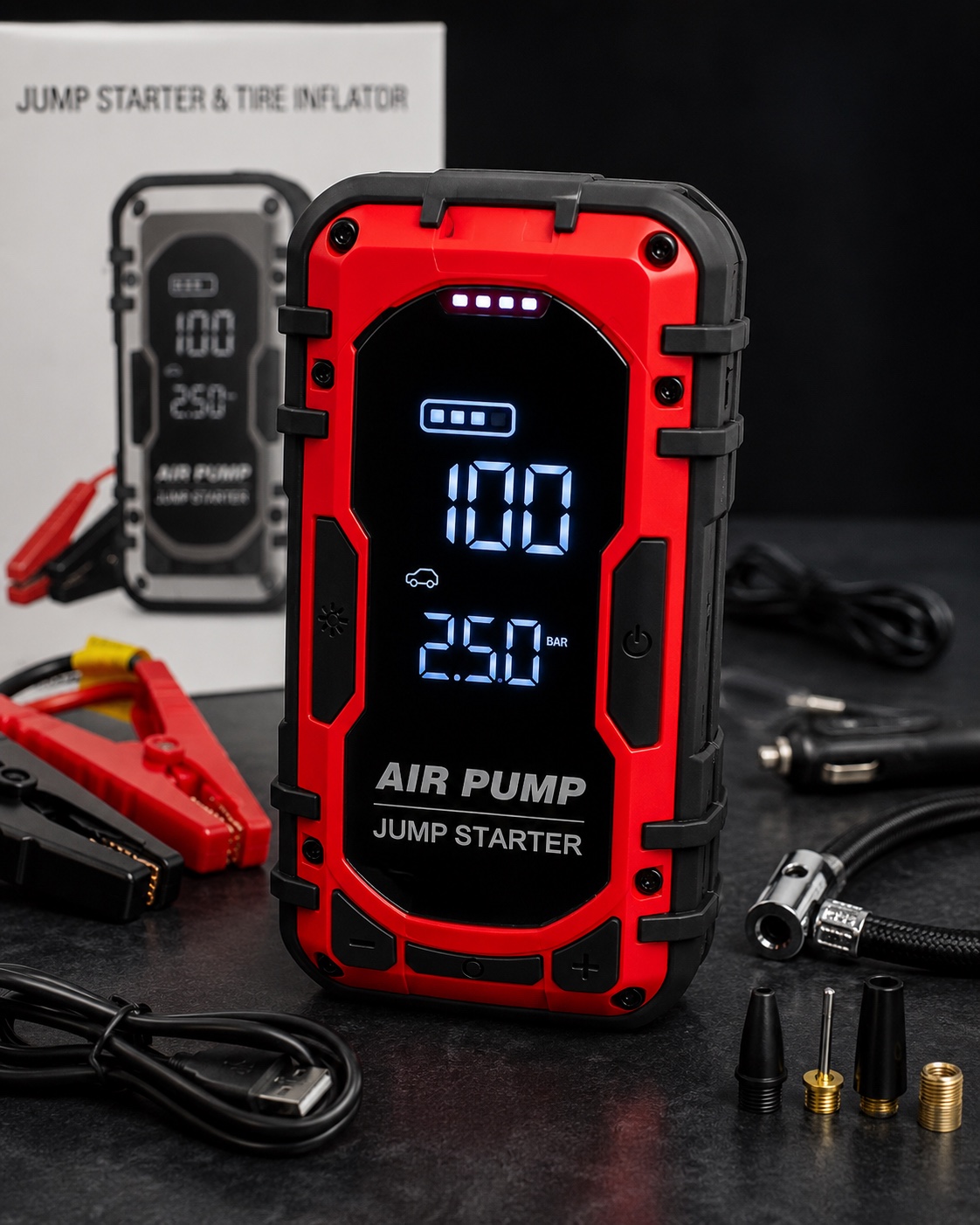 Red / Black RoadGuard with its package and supplied accessories