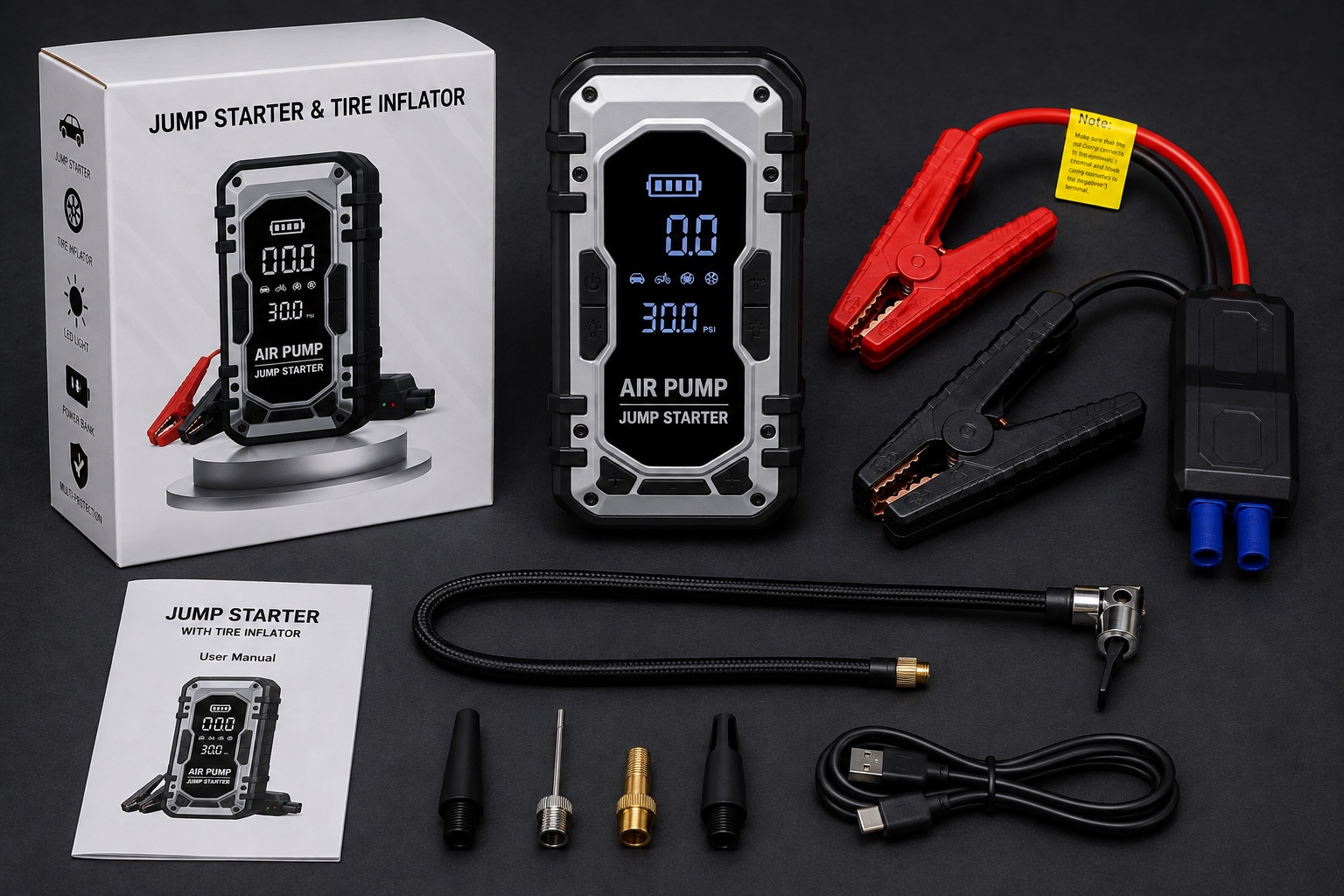 RoadGuard unit, package, clamps, inflator hose, adapters and charging cable